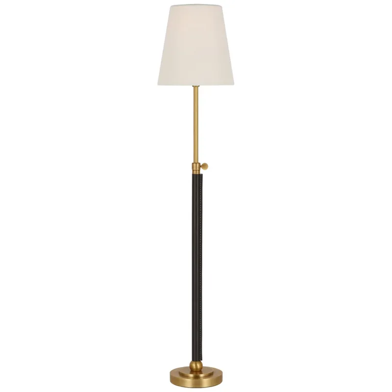 Thomas O'Brien Bryant Wrapped Table Lamp in Hand-Rubbed Antique Brass and Chocolate Leather with Linen Shade W6" x H24.5" - 30.5"