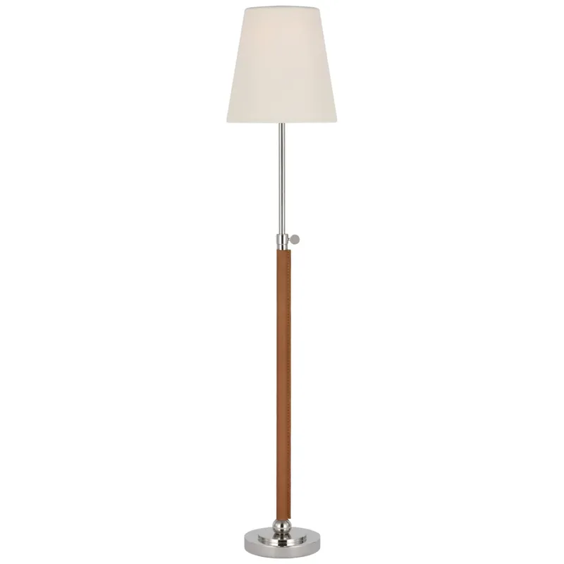 Thomas O'Brien Bryant Wrapped Table Lamp in Polished Nickel and Natural Leather with Linen Shade W6" x H24.5" - 30.5"