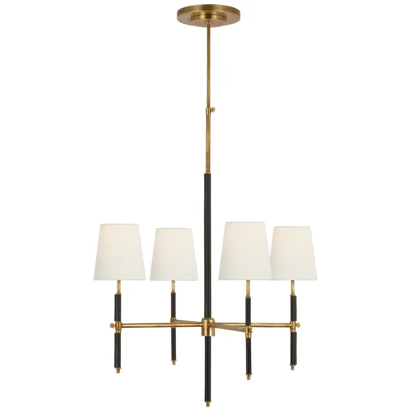 Thomas O'Brien Bryant Small Wrapped Chandelier in Hand-Rubbed Antique Brass and Chocolate Leather with Linen Shades Ceiling Light W26"