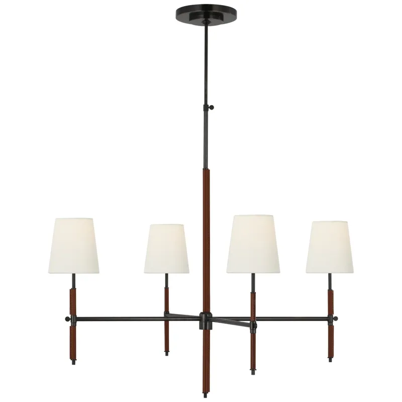 Thomas O'Brien Bryant Large Wrapped Chandelier in Bronze and Saddle Leather with Linen Shades Ceiling Light W36"