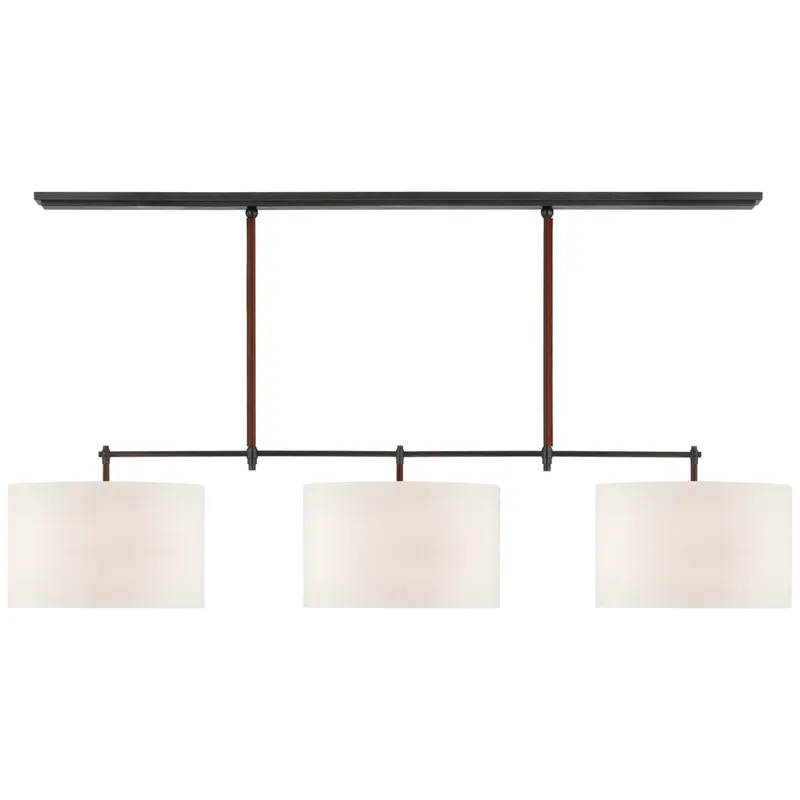 Thomas O'Brien Bryant Large Wrapped Billiard in Bronze and Saddle Leather with Linen Shades Ceiling Light W64.25" x 16"