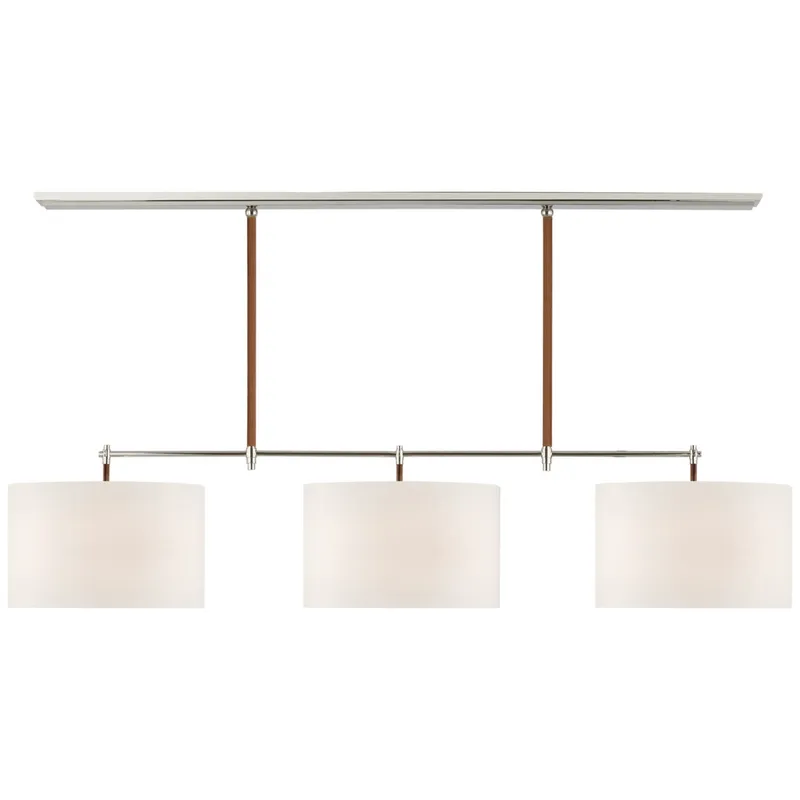 Thomas O'Brien Bryant Large Wrapped Billiard in Polished Nickel and Natural Leather with Linen Shades Ceiling Light W64.25" x 16"