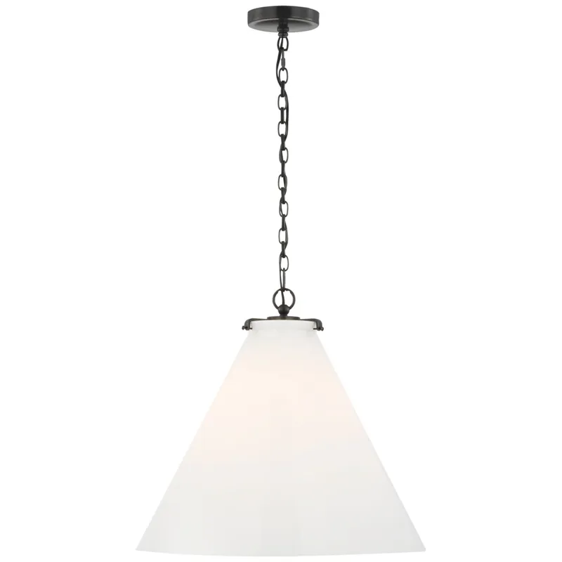 Thomas O'Brien Katie Large Conical Pendant in Bronze with White Glass Ceiling Light W20" x H18.25"