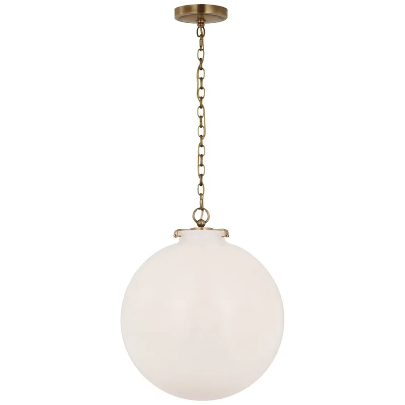 Thomas O'Brien Katie Large Globe Pendant in Hand-Rubbed Antique Brass with White Glass Ceiling Light W16" x H19.25"