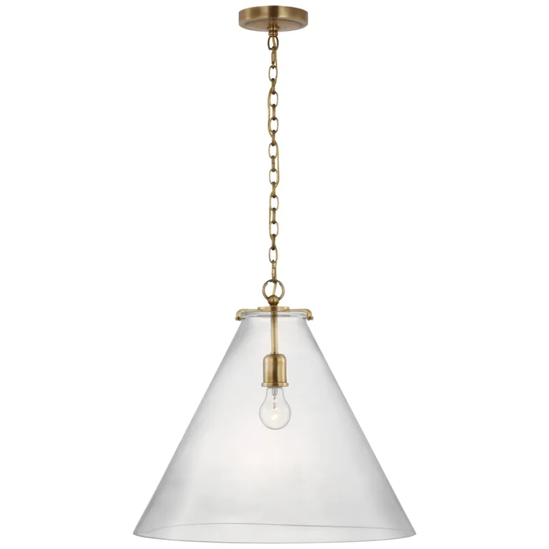 Thomas O'Brien Katie Large Conical Pendant in Hand-Rubbed Antique Brass with Clear Glass Ceiling Light W20" x H18.25"