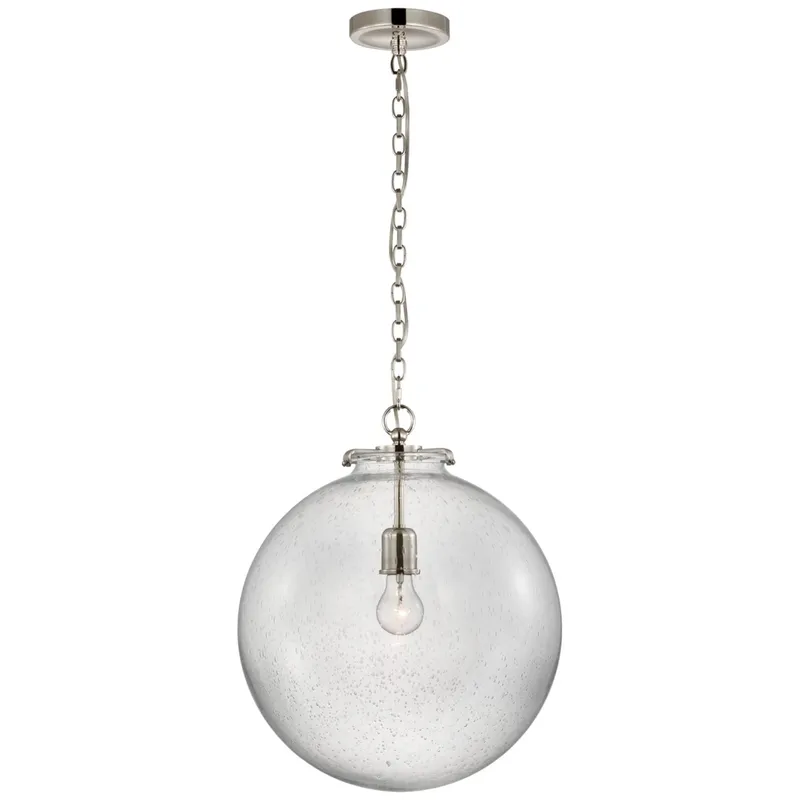 Thomas O'Brien Katie Large Globe Pendant in Polished Nickel with Seeded Glass Ceiling Light W16" x H19.25"