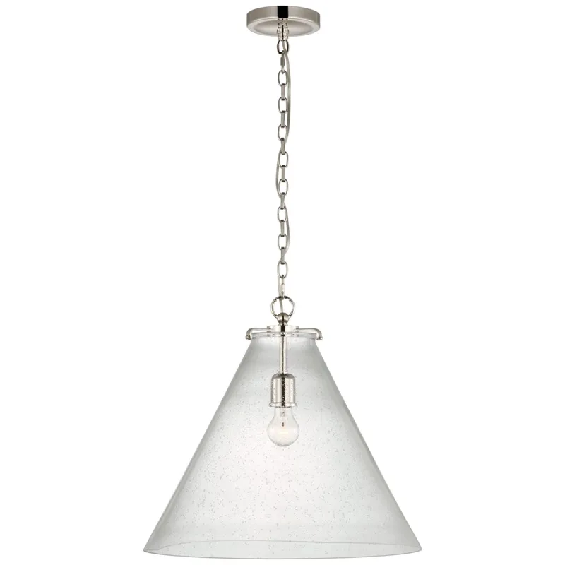 Thomas O'Brien Katie Large Conical Pendant in Polished Nickel with Seeded Glass Ceiling Light W20" x H18.25"