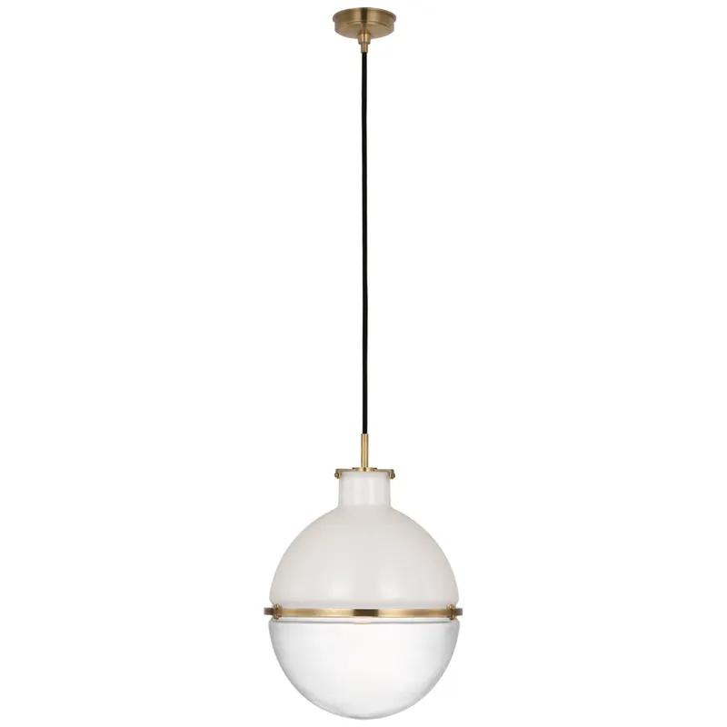 Thomas O'Brien Maxey 14" Globe Pendant in Hand-Rubbed Antique Brass with White Glass and Clear Glass Ceiling Light W13.5"
