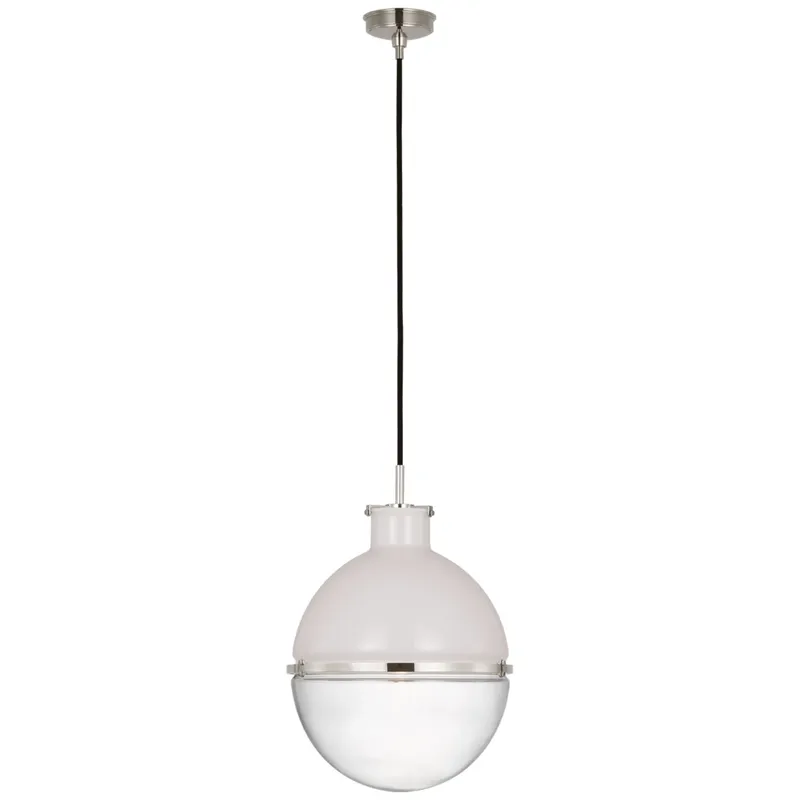 Thomas O'Brien Maxey 14" Globe Pendant in Polished Nickel with White Glass and Clear Glass Ceiling Light W13.5"