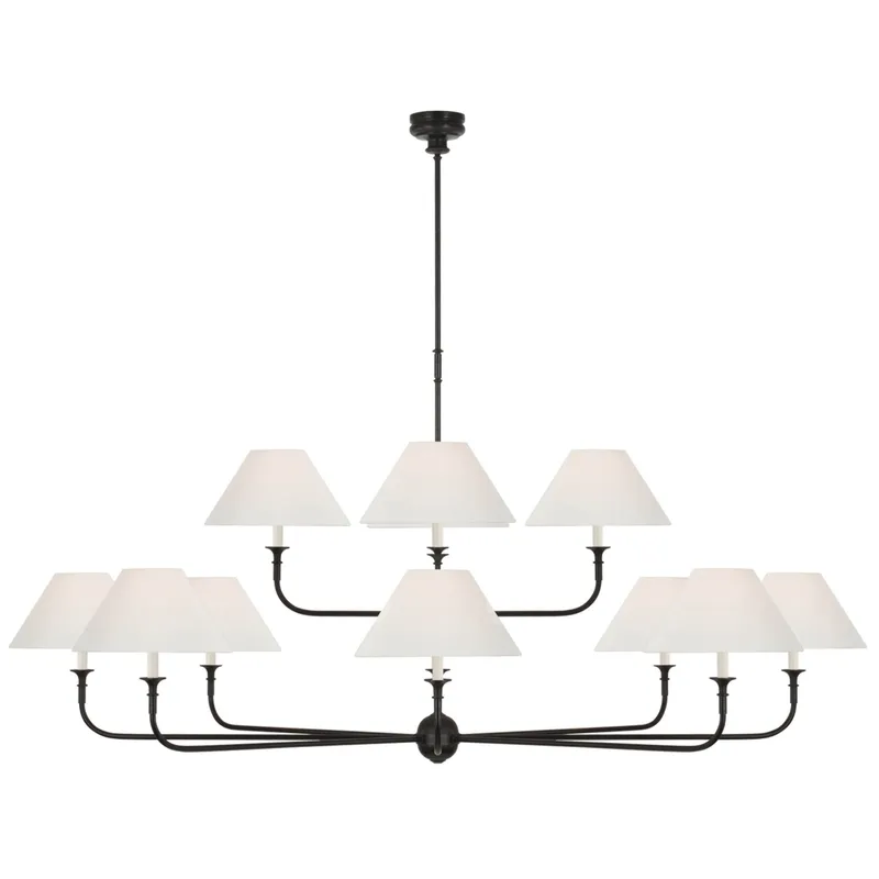 Thomas O'Brien Piaf Oversized Two Tier Chandelier in Aged Iron and Ebonized Oak with Linen Shades Ceiling Light W72"