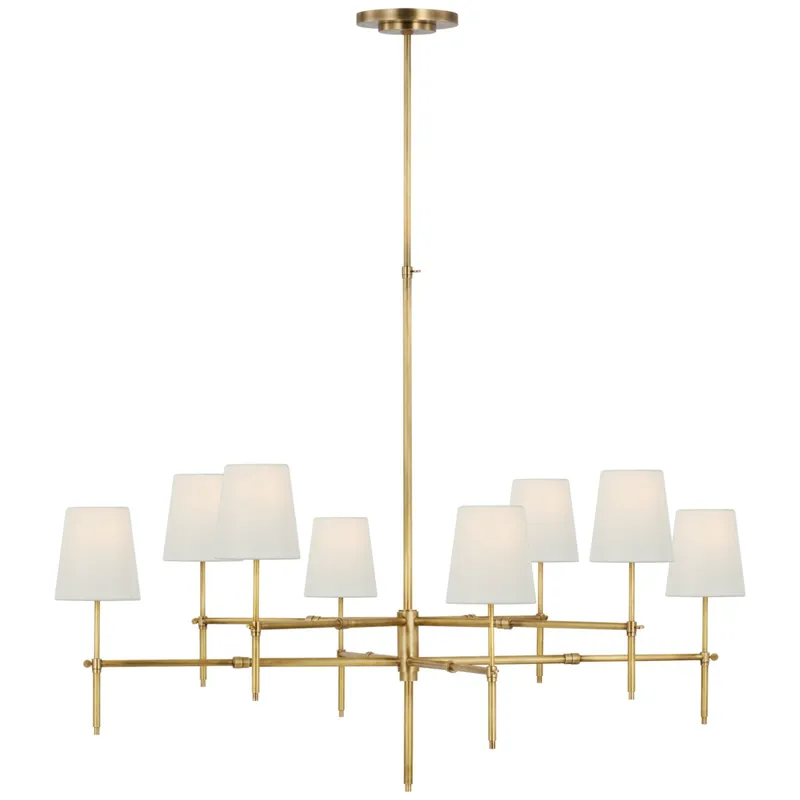 Thomas O'Brien Bryant Extra Large Two Tier Chandelier in Hand-Rubbed Antique Brass with Linen Shades Ceiling Light W48"