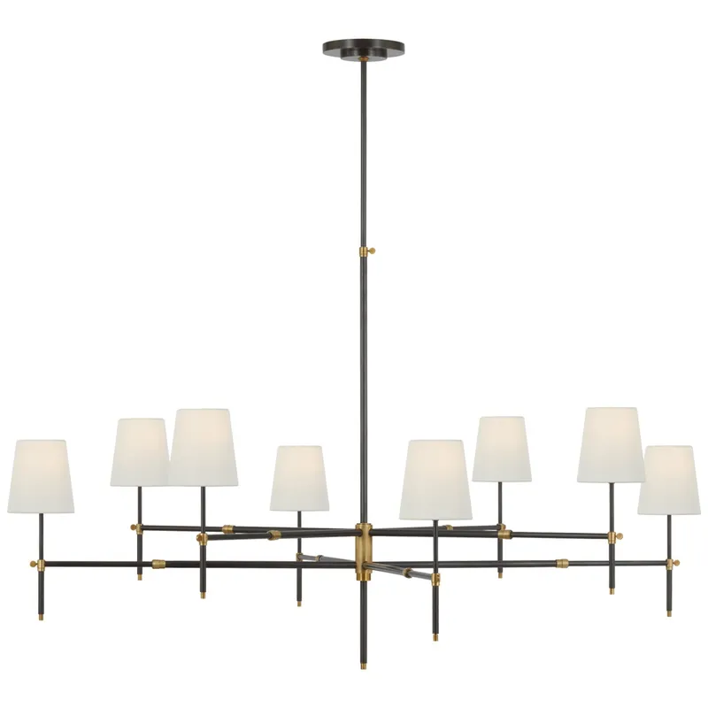 Thomas O'Brien Bryant Grande Two Tier Chandelier in Bronze and Hand-Rubbed Antique Brass with Linen Shades Ceiling Light W60"