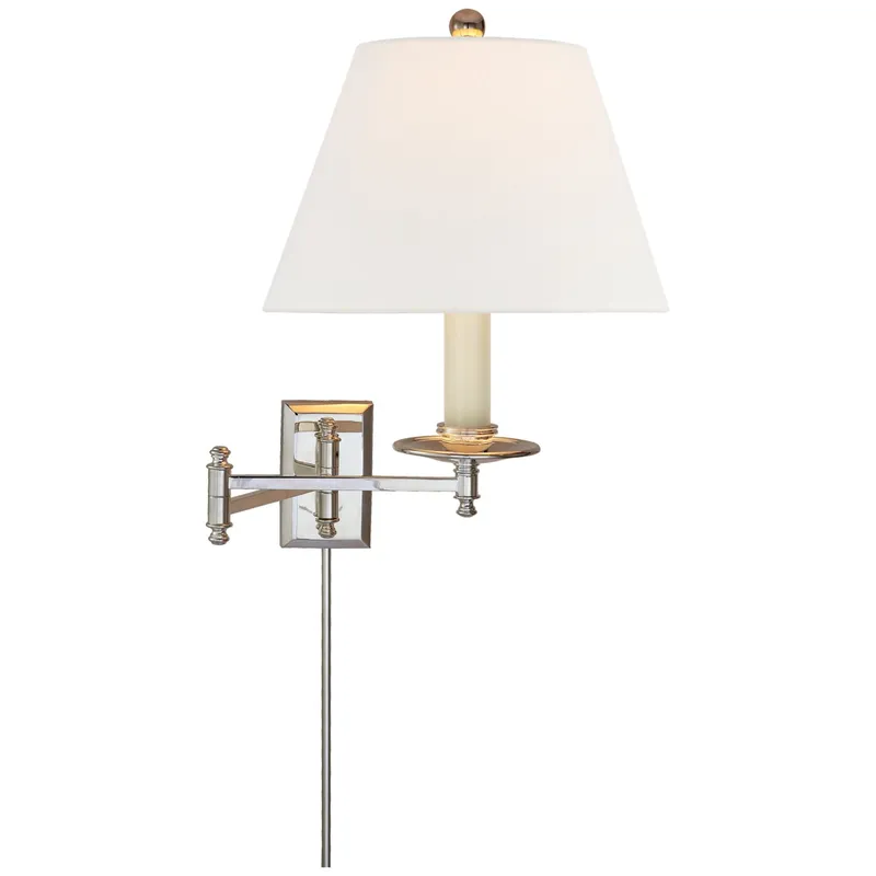 Chapman & Myers Dorchester Swing Arm in Polished Nickel with Linen Shade Wall Light W19.25" x H15"