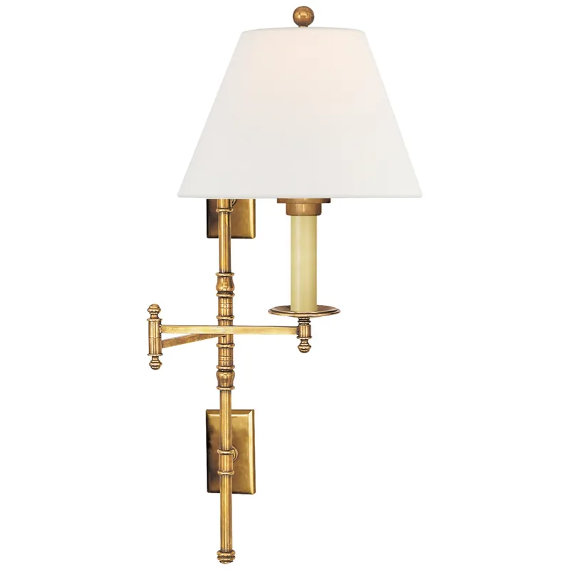 Chapman & Myers Dorchester Double Backplate Swing Arm in Antique-Burnished Brass with Linen Shade Wall Light W20" x H27"