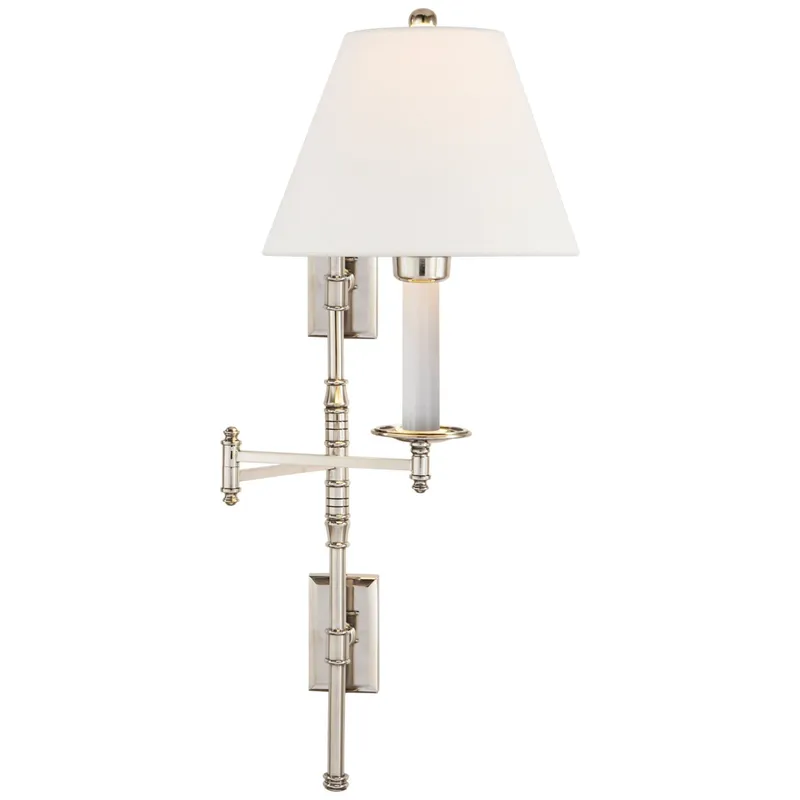 Chapman & Myers Dorchester Double Backplate Swing Arm in Polished Nickel with Linen Shade Wall Light W20" x H27"