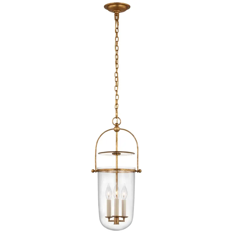 Chapman & Myers Lorford Tall Smoke Bell Lantern in Gilded Iron with Clear Glass Ceiling Light W10" x H22.75"