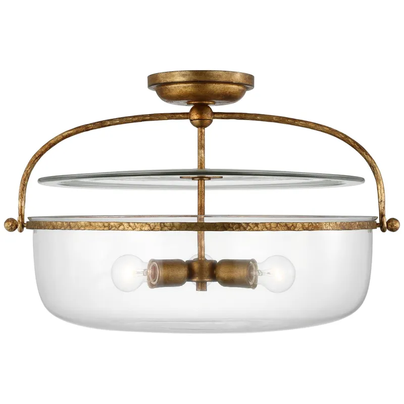 Chapman & Myers Lorford Large Semi Flush Lantern in Gilded Iron with Clear Glass Ceiling Light W28" x H17.5"