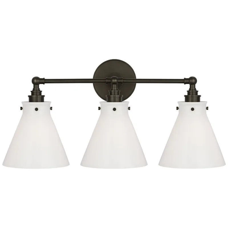 Chapman & Myers Parkington 24" Three Light Bath Bar in Bronze with White Glass Wall Light W24" x H11.5"