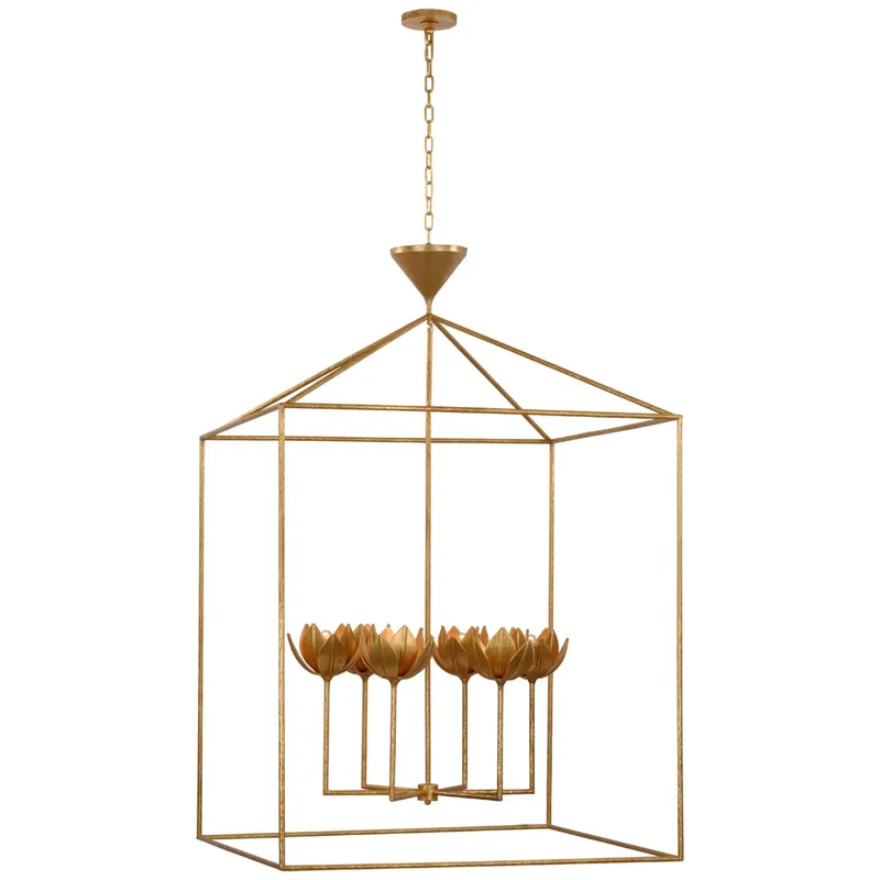 Julie Neill Alberto Grande Open Cage Lantern in Antique Gold Leaf Ceiling Light W38" x H59"