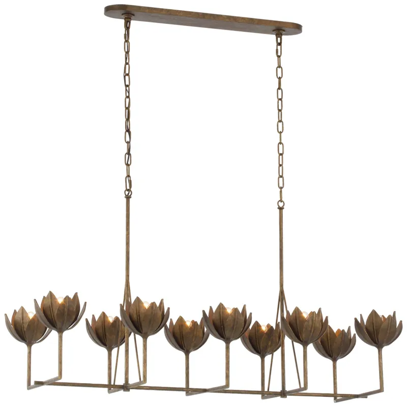 Julie Neill Alberto Large Linear Chandelier in Antique Bronze Leaf Ceiling Light W21" x 50.5" x H26.5"