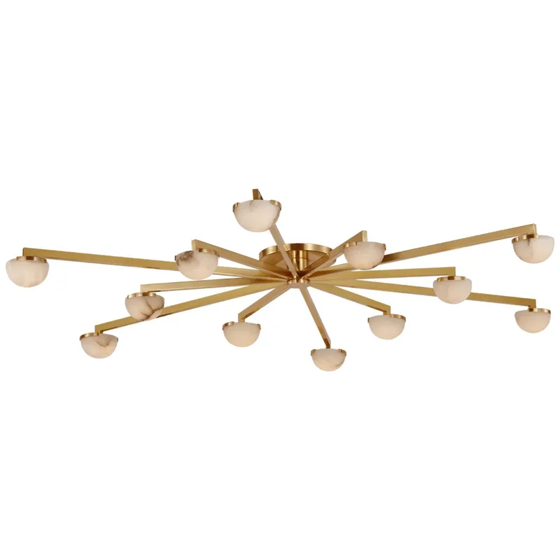 Kelly Wearstler Pedra Grande Staggered Arm Flush Mount in Antique-Burnished Brass with Alabaster Ceiling Light W60" x H6"