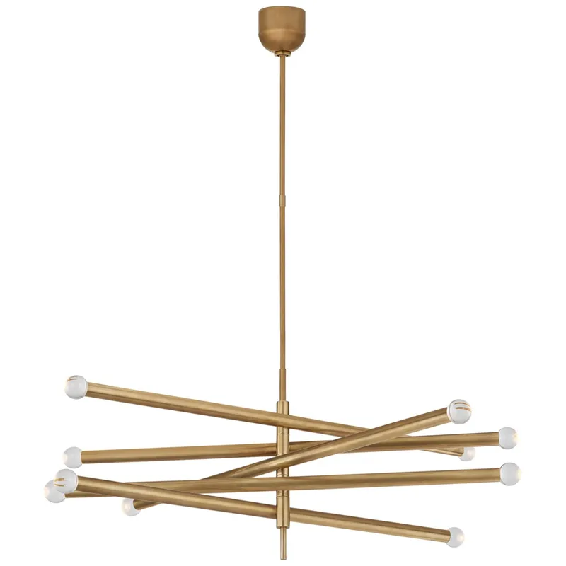 Kelly Wearstler Rousseau Grande Ten Light Articulating Chandelier in Antique-Burnished Brass with Clear Glass Orb Ceiling Light W3.5" - 38.25"