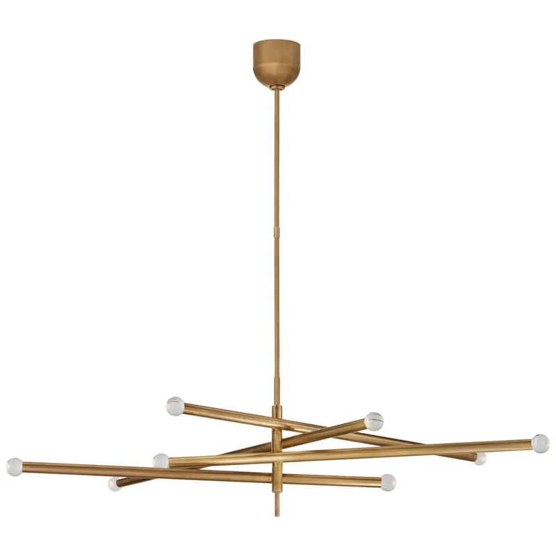 Kelly Wearstler Rousseau Grande Eight Light Articulating Chandelier in Antique-Burnished Brass with Clear Glass Orb Ceiling Light W3.5" - 53.25"