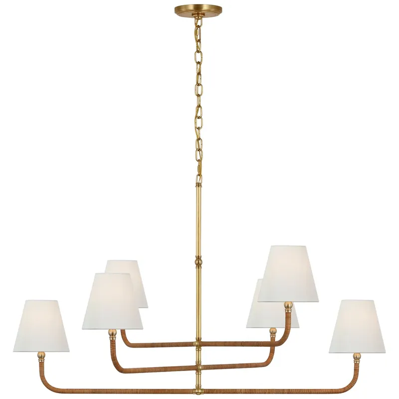 Chapman & Myers Basden Extra Large Three Tier Chandelier in Antique-Burnished Brass and Natural Rattan with Linen Shades Ceiling Light W46" x H28"