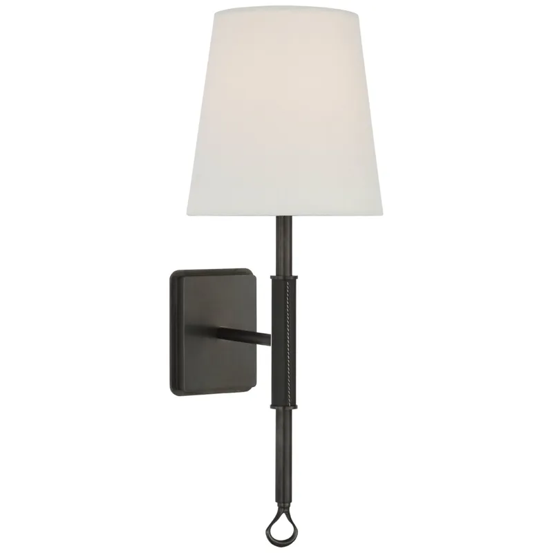 Amber Lewis Griffin Sconce in Bronze and Chocolate Leather with Linen Shade Wall Light W5.75" x H15.75"