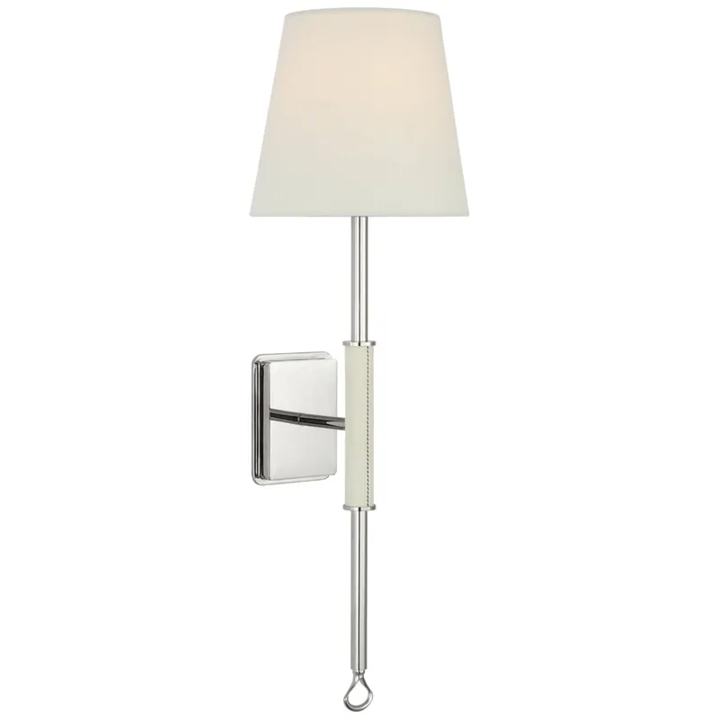 Amber Lewis Griffin Tail Sconce in Polished Nickel and Parchment Leather with Linen Shade Wall Light W6.5" x H21"