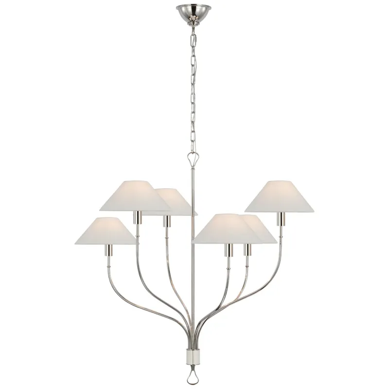 Amber Lewis Griffin Large Staggered Tail Chandelier in Polished Nickel and Parchment Leather with Linen Shades Ceiling Light W36.5" x H35.5"