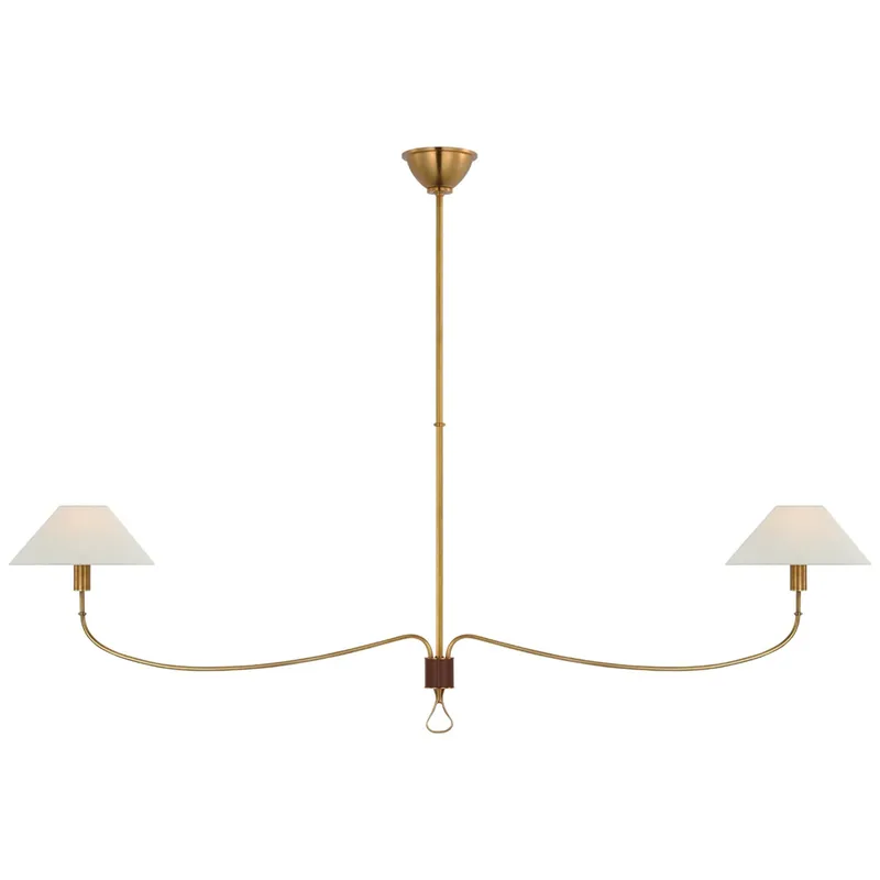 Amber Lewis Griffin Grande Linear Chandelier in Hand-Rubbed Antique Brass and Saddle Leather with Linen Shades Ceiling Light W10.5" x 62"