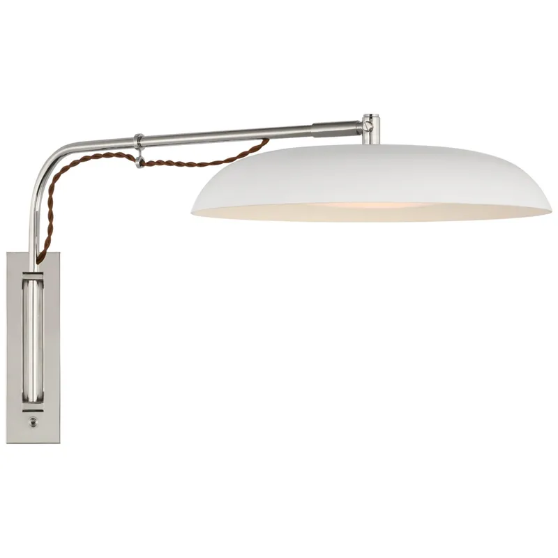 Amber Lewis Cyrus Medium Articulating Wall Light in Polished Nickel and White with White Glass W14" x H13.5"