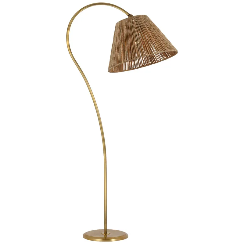 Amber Lewis Dume Large Arched Floor Lamp in Hand-Rubbed Antique Brass with Natural Abaca Shade W18" x H63"