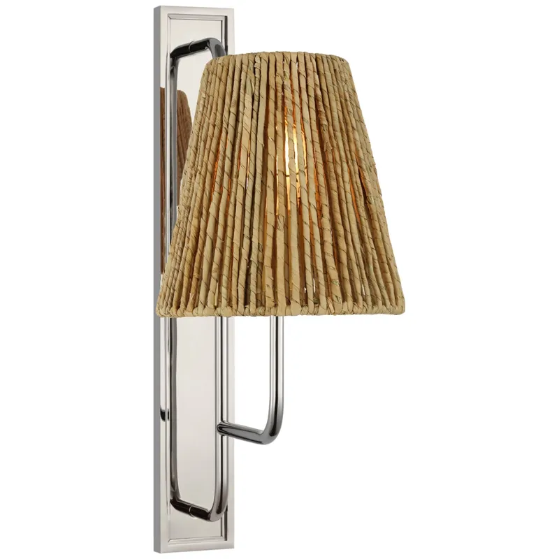 Amber Lewis Rui Tall Sconce in Polished Nickel with Natural Abaca Shade Wall Light W8" x H20"