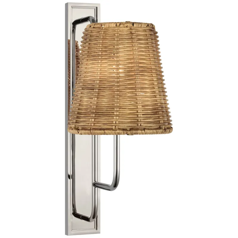 Amber Lewis Rui Tall Sconce in Polished Nickel with Natural Wicker Shade Wall Light W8" x H20"