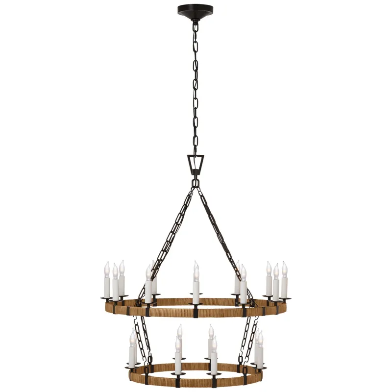 Chapman & Myers Darlana Medium Two Tier Chandelier in Aged Iron and Natural Rattan Ceiling Light W31.75" x H36.75"