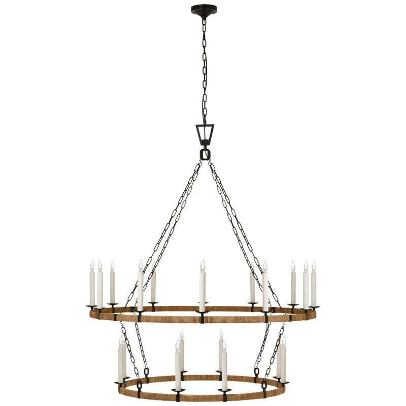 Chapman & Myers Darlana Extra Large Two Tier Chandelier in Aged Iron and Natural Rattan Ceiling Light W52.25" x H59.75"
