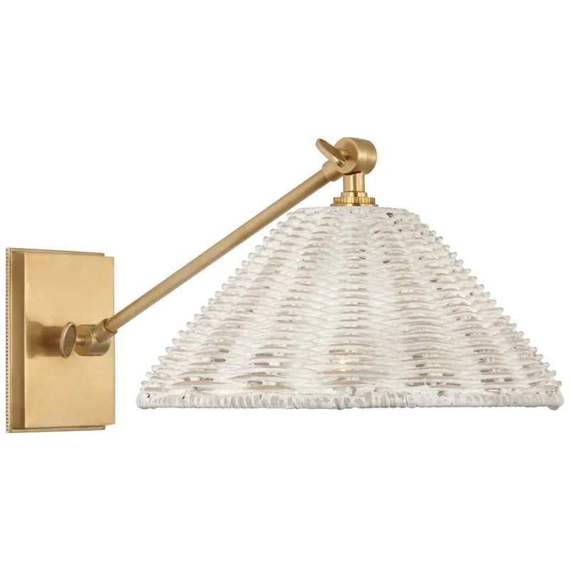 Marie Flanigan Wimberley Single Library Wall Light in Soft Brass with White Wicker Shade W10" x H8.25" - 8.5"