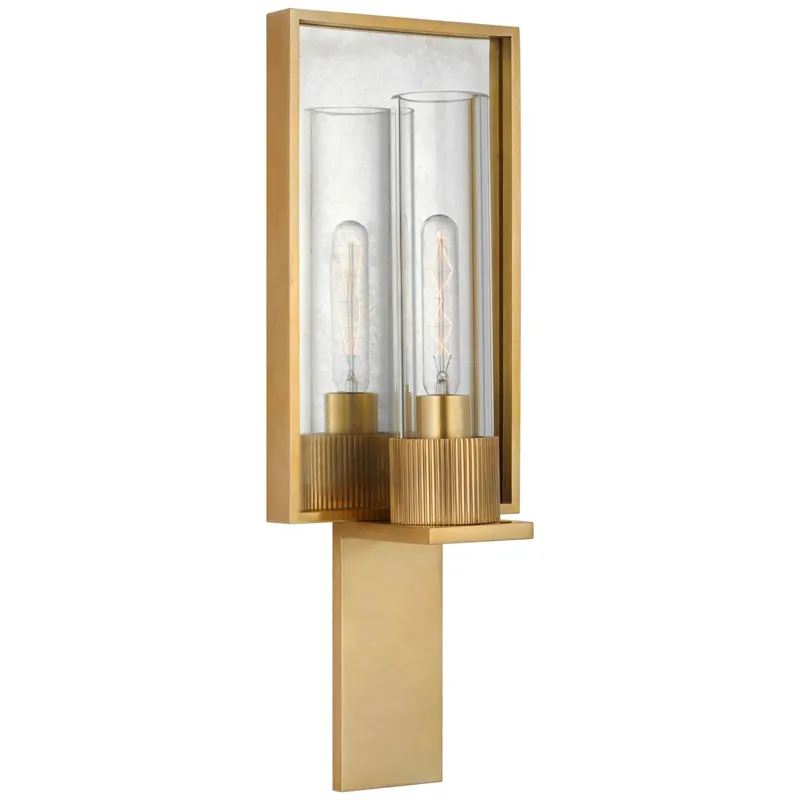 Ray Booth Beza Single Reflector Sconce in Antique Brass and Antique Mirror with Clear Glass Wall Light W5.75" x H16.25"