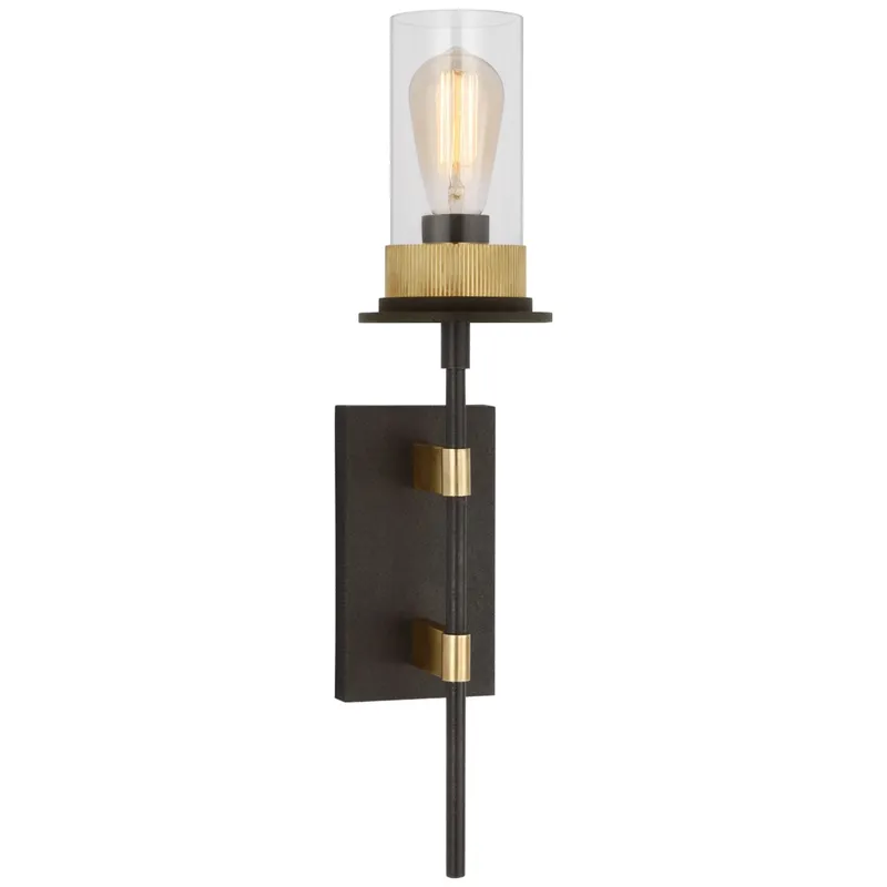 Ray Booth Beza Large Tail Sconce in Warm Iron and Antique Brass with Clear Glass Wall Light W5.25" x H22.5"