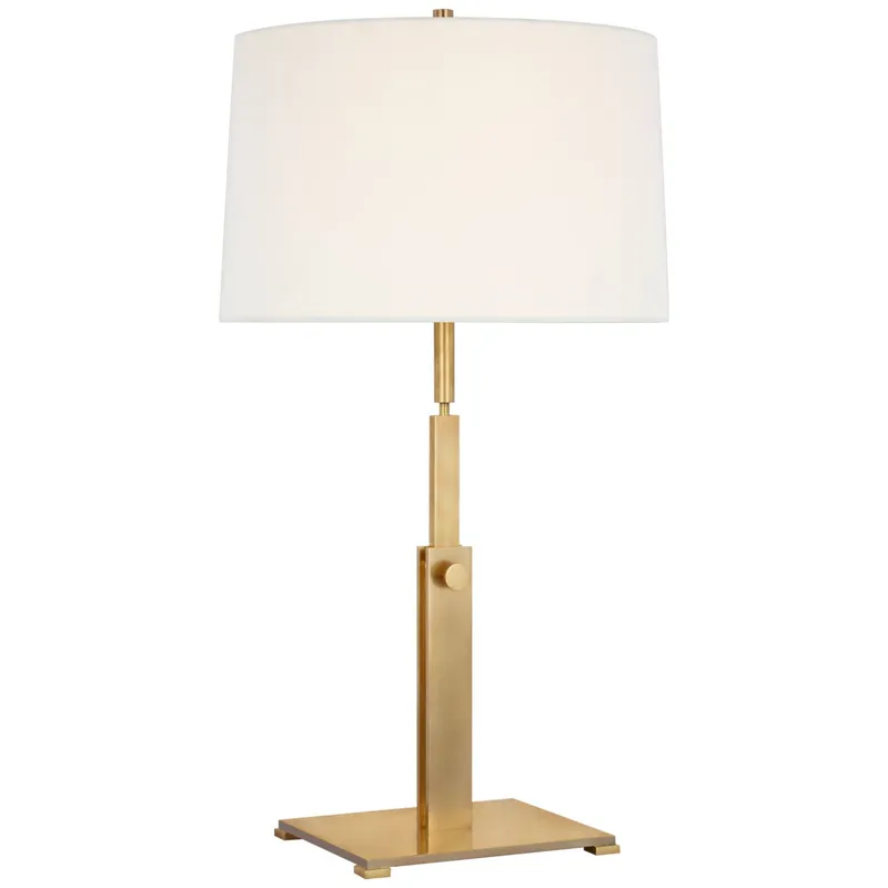 Ray Booth Cadmus Large Adjustable Table Lamp in Antique Brass with Linen Shade W16" x H26.5" - 32.25"