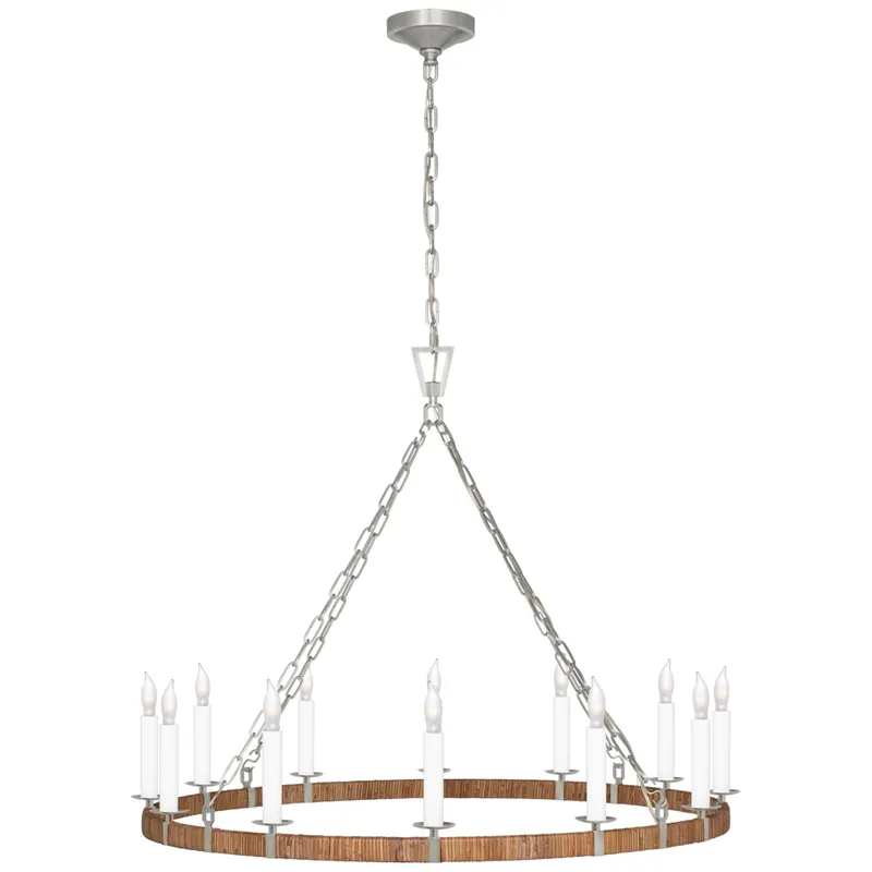 Chapman & Myers Darlana Large Wrapped Ring Chandelier in Polished Nickel and Natural Rattan Ceiling Light W40" x H32"