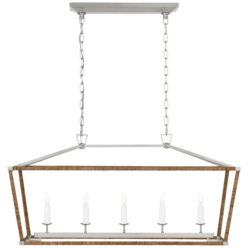 Chapman & Myers Darlana Medium Rattan Wrapped Linear Lantern in Polished Nickel and Natural Rattan Ceiling Light W41" X 13" x H20"