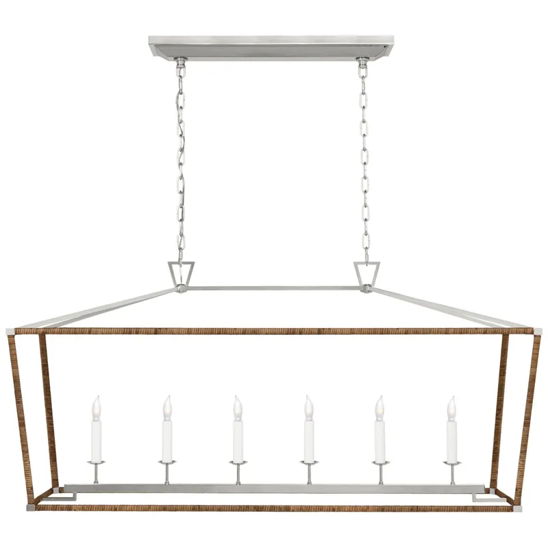 Chapman & Myers Darlana Large Rattan Wrapped Linear Lantern in Polished Nickel and Natural Rattan Ceiling Light W54" X 17" x H25.5"