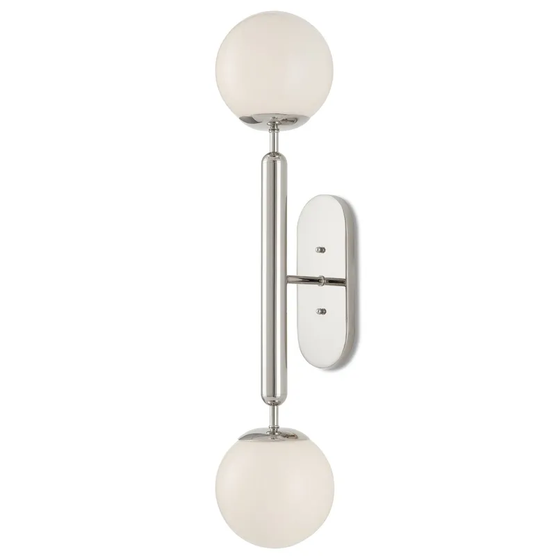 Barbican Double-Light Nickel Wall Sconce - Polished Nickel/White