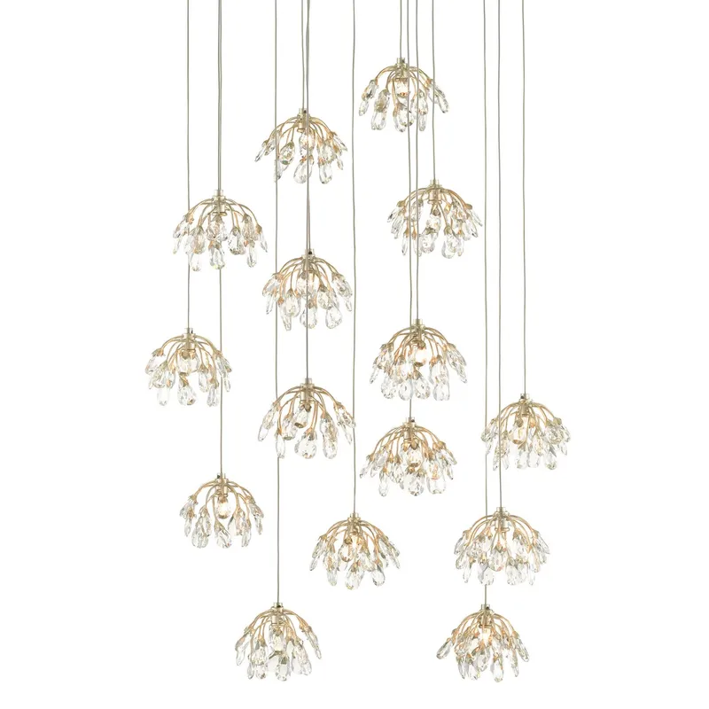 Crystal Bud 15-Light Round Multi-Drop Pendant - Crystal/Contemporary Silver/Silver