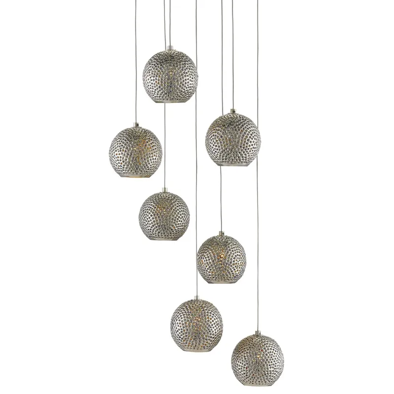 Giro 7-Light Round Multi-Drop Pendant - Painted Silver/Nickel/Blue