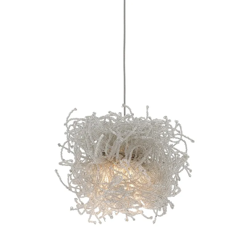 Birds Nest 1-Light Round Multi-Drop Pendant - Painted Silver/Clear