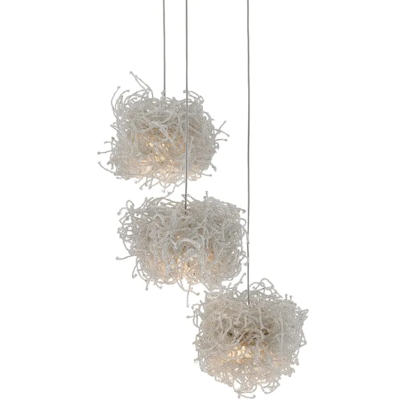 Birds Nest 3-Light Round Multi-Drop Pendant - Painted Silver/Clear